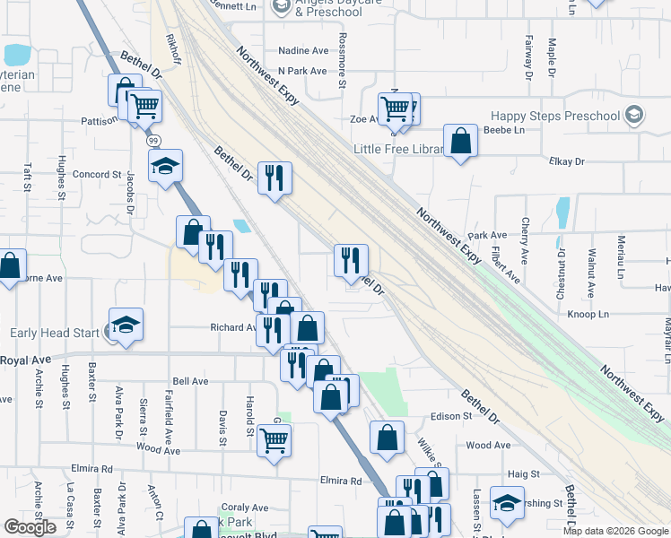 map of restaurants, bars, coffee shops, grocery stores, and more near 1055 Madera Street in Eugene