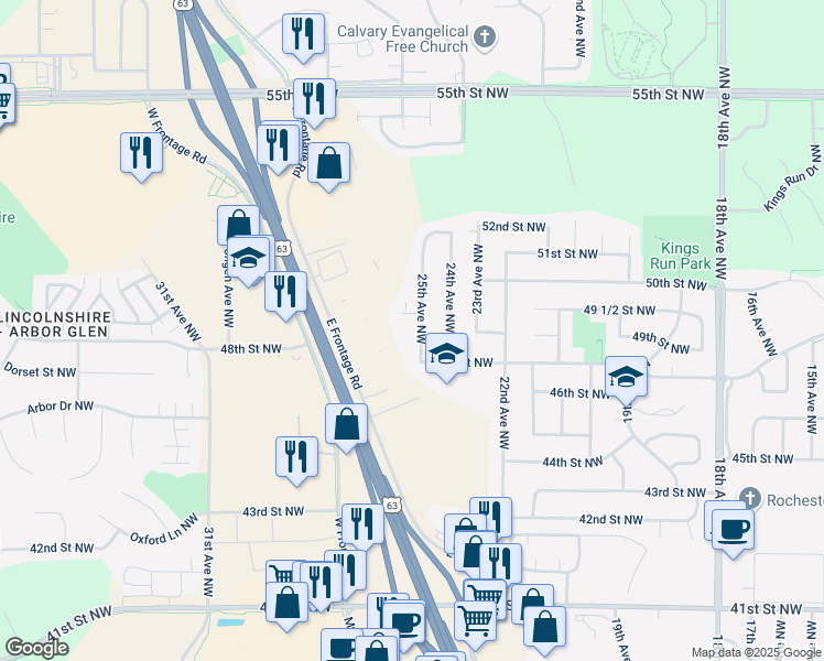 map of restaurants, bars, coffee shops, grocery stores, and more near 4907 25th Avenue Northwest in Rochester