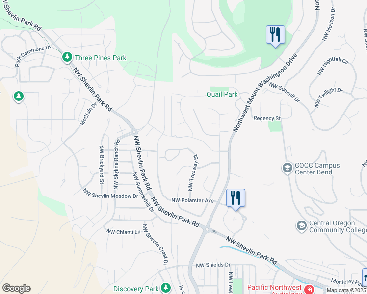 map of restaurants, bars, coffee shops, grocery stores, and more near 2850 Northwest Windham Loop in Bend