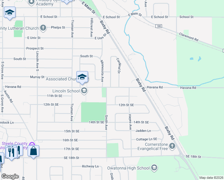 map of restaurants, bars, coffee shops, grocery stores, and more near 1005 Havana Road in Owatonna
