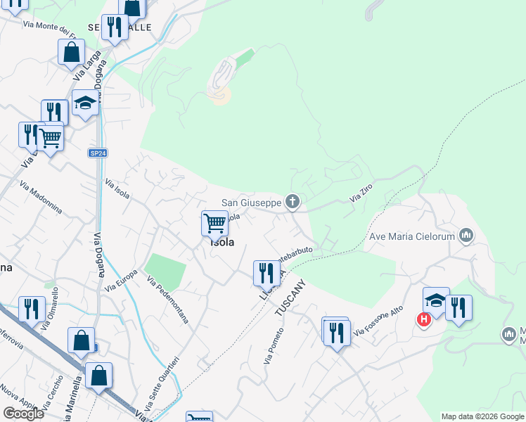 map of restaurants, bars, coffee shops, grocery stores, and more near 45 Via Isola in Casano