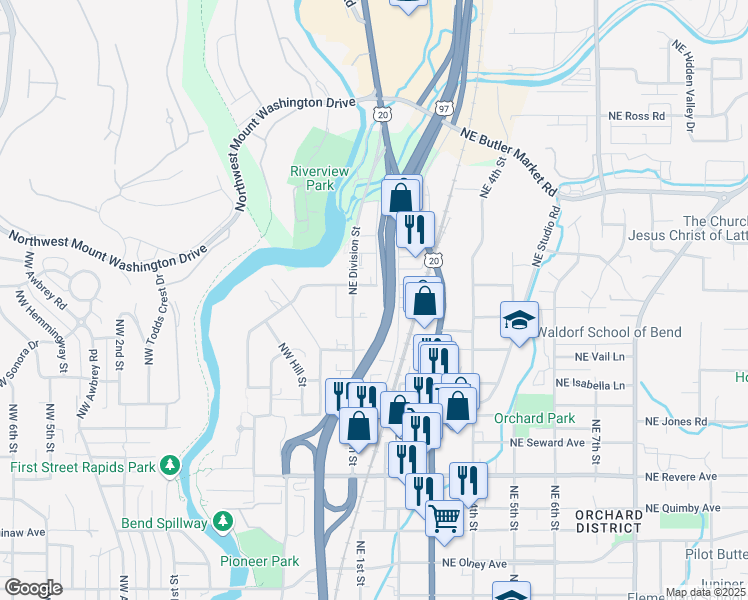 map of restaurants, bars, coffee shops, grocery stores, and more near 2330 Northeast Division Street in Bend