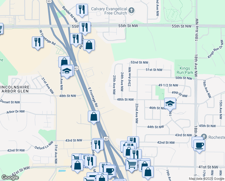map of restaurants, bars, coffee shops, grocery stores, and more near 4907 25th Avenue Northwest in Rochester