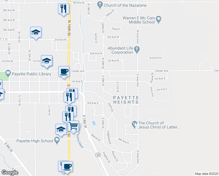 map of restaurants, bars, coffee shops, grocery stores, and more near 2031 Debord Drive in Payette