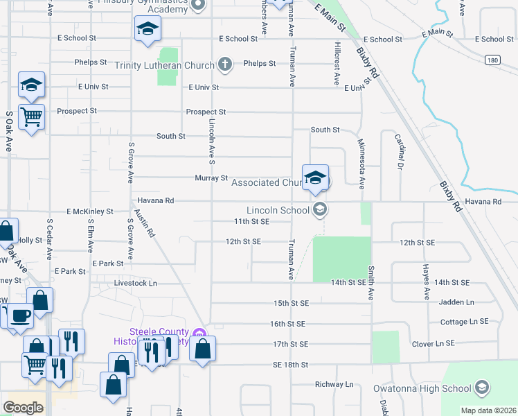 map of restaurants, bars, coffee shops, grocery stores, and more near 565 Havana Road in Owatonna