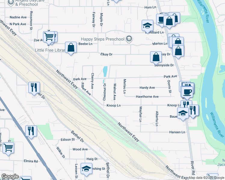 map of restaurants, bars, coffee shops, grocery stores, and more near 730 Walnut Avenue in Eugene