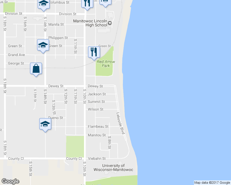 map of restaurants, bars, coffee shops, grocery stores, and more near 2116 Lakeside Boulevard in Manitowoc