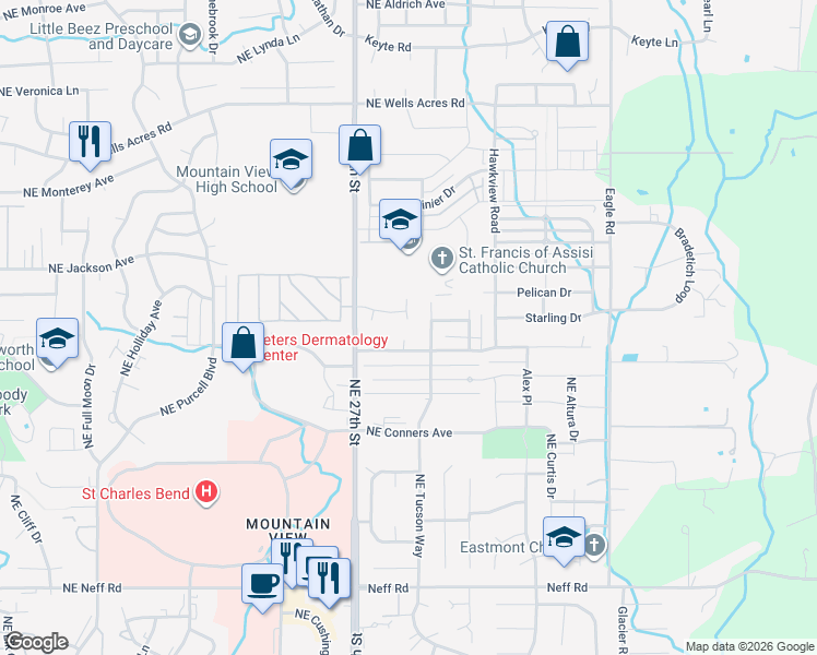 map of restaurants, bars, coffee shops, grocery stores, and more near 2318 Northeast Atherton Court in Bend