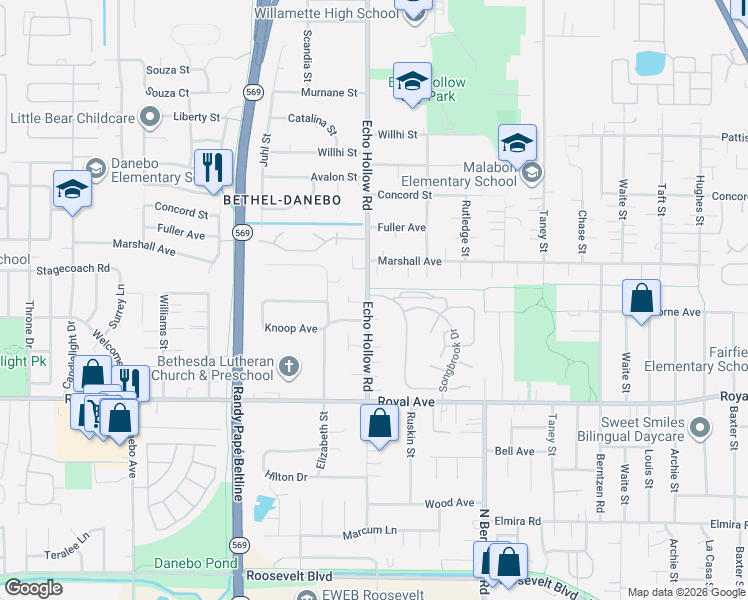 map of restaurants, bars, coffee shops, grocery stores, and more near 1107 Echo Hollow Road in Eugene
