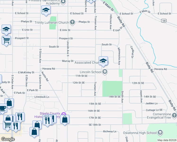 map of restaurants, bars, coffee shops, grocery stores, and more near 565 Havana Road in Owatonna