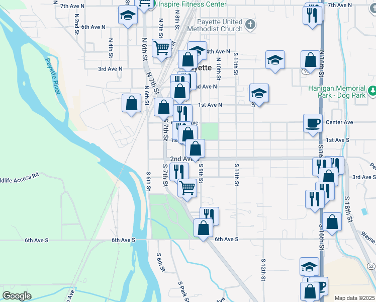 map of restaurants, bars, coffee shops, grocery stores, and more near 817 2nd Avenue South in Payette