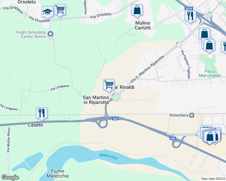 map of restaurants, bars, coffee shops, grocery stores, and more near 144 Via Turchetta in Rimini