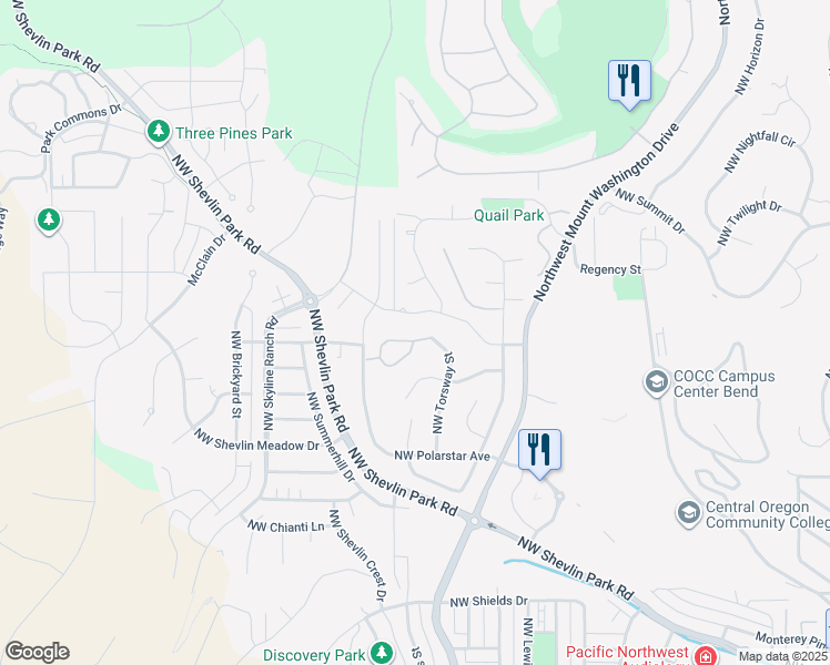 map of restaurants, bars, coffee shops, grocery stores, and more near 2850 Northwest Windham Loop in Bend