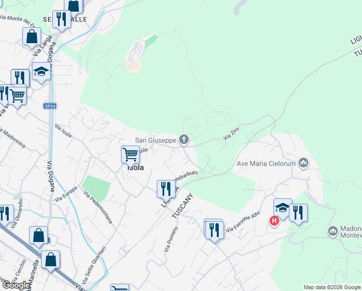 map of restaurants, bars, coffee shops, grocery stores, and more near 45 Via Isola in Casano