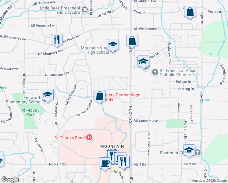 map of restaurants, bars, coffee shops, grocery stores, and more near 2531 Northeast Wintergreen Drive in Bend