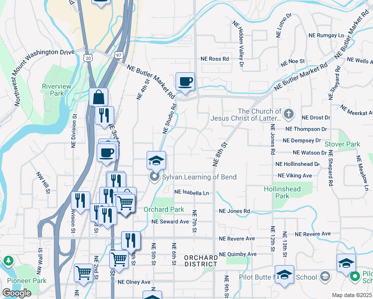 map of restaurants, bars, coffee shops, grocery stores, and more near 2405 Northeast Burks Court in Bend