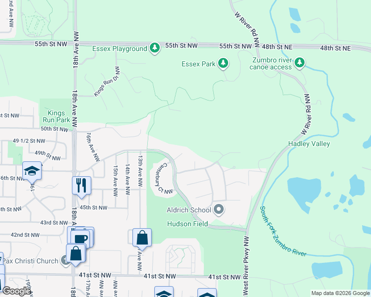 map of restaurants, bars, coffee shops, grocery stores, and more near 1007 Canterbury Lane Northwest in Rochester