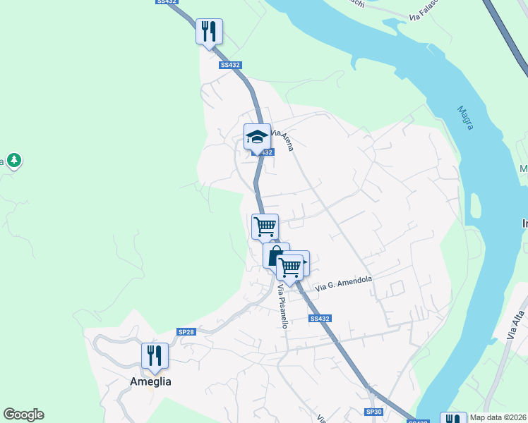 map of restaurants, bars, coffee shops, grocery stores, and more near 22 Via Camisano in Ameglia