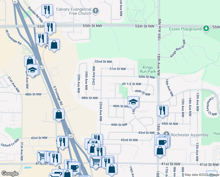map of restaurants, bars, coffee shops, grocery stores, and more near 2115 49th Lane Northwest in Rochester