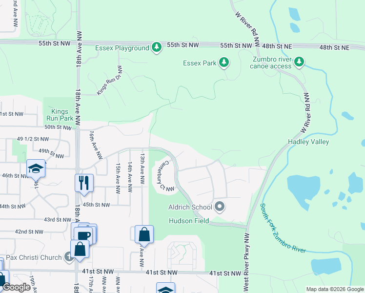 map of restaurants, bars, coffee shops, grocery stores, and more near 1007 Canterbury Lane Northwest in Rochester