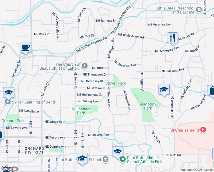 map of restaurants, bars, coffee shops, grocery stores, and more near 1354 Northeast Watson Drive in Bend
