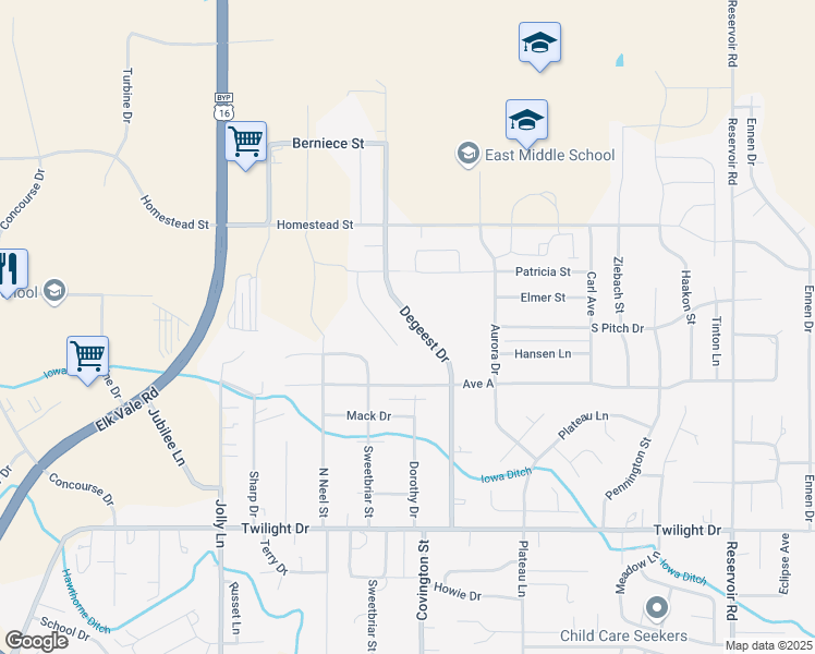 map of restaurants, bars, coffee shops, grocery stores, and more near 1299 Degeest Drive in Rapid City