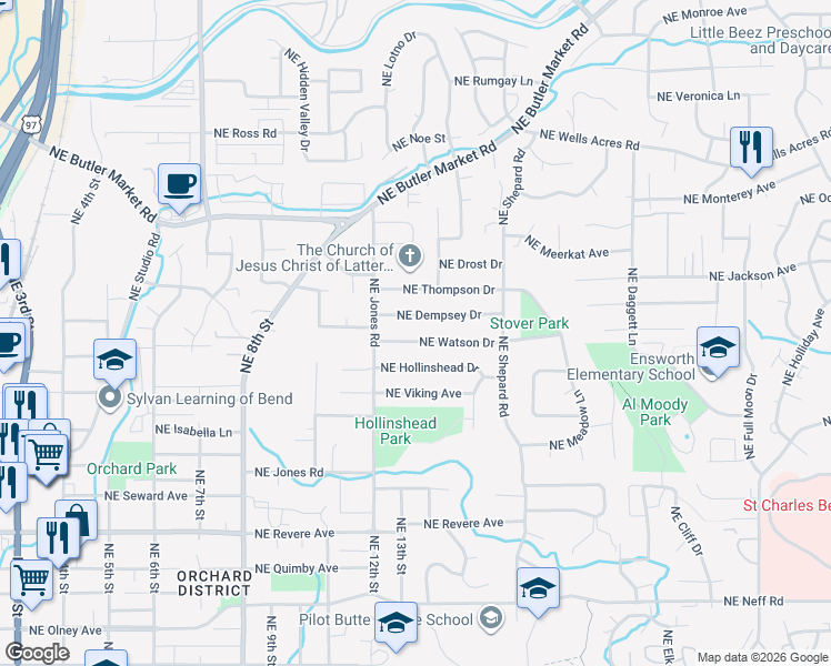 map of restaurants, bars, coffee shops, grocery stores, and more near 1240 Northeast Watson Drive in Bend