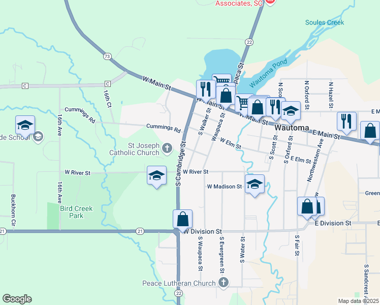 map of restaurants, bars, coffee shops, grocery stores, and more near 344 South Walker Street in Wautoma