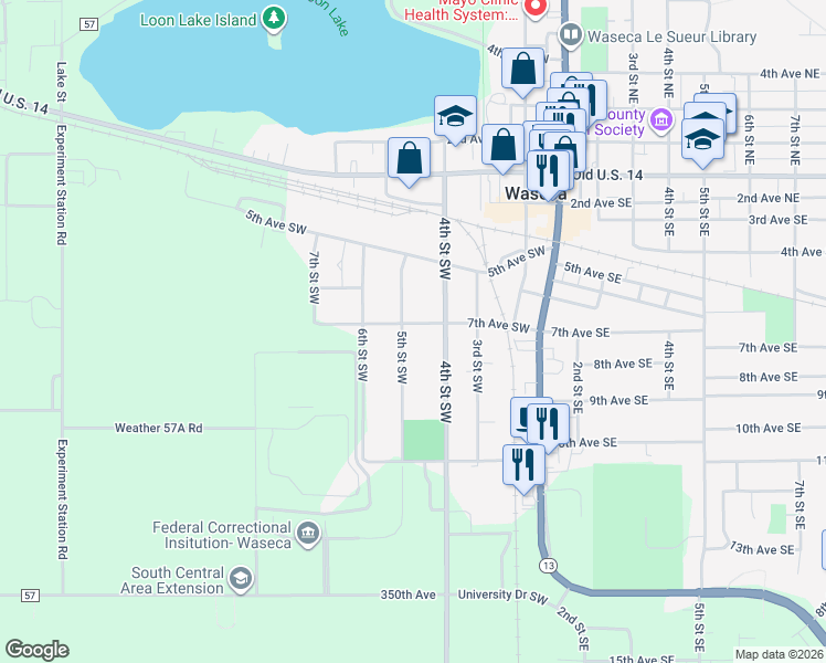 map of restaurants, bars, coffee shops, grocery stores, and more near 413 7th Avenue Southwest in Waseca