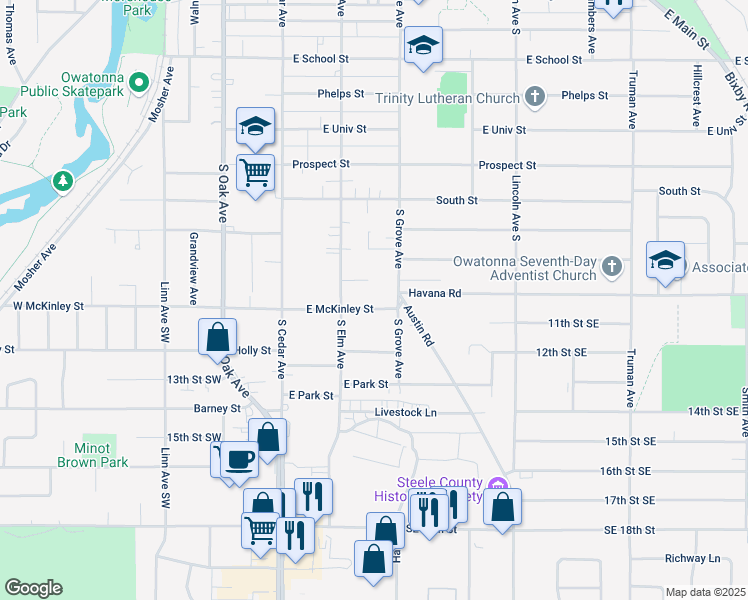 map of restaurants, bars, coffee shops, grocery stores, and more near 228 East McKinley Street in Owatonna