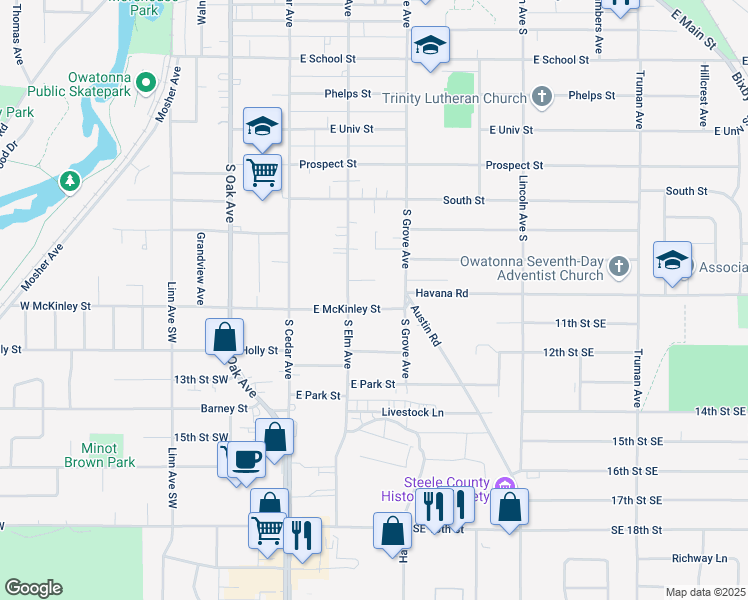 map of restaurants, bars, coffee shops, grocery stores, and more near 228 East McKinley Street in Owatonna