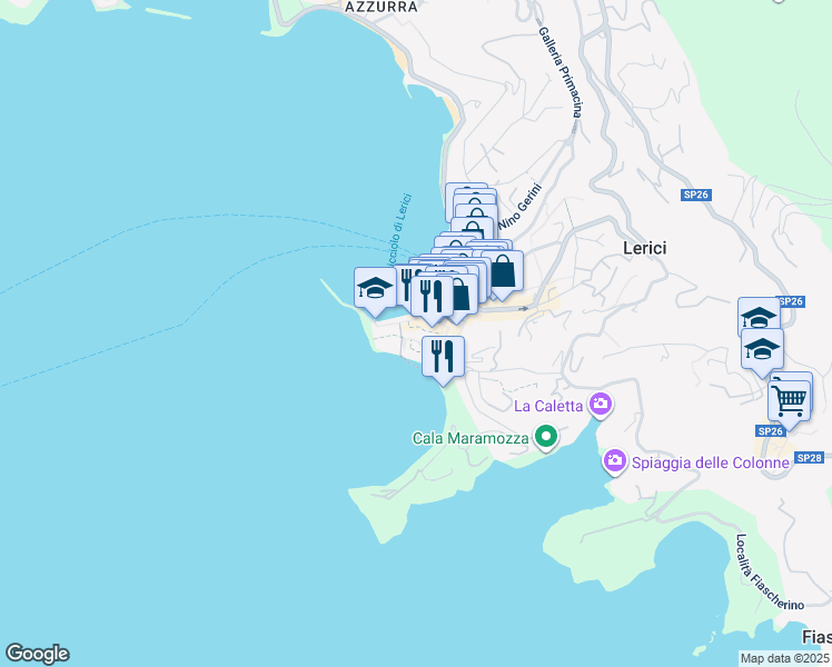 map of restaurants, bars, coffee shops, grocery stores, and more near Via Giuseppe Mazzini in Lerici