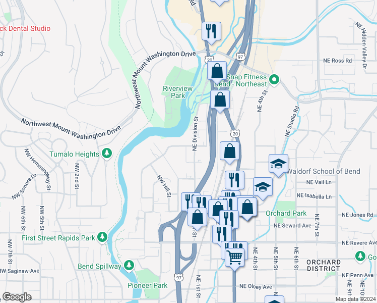map of restaurants, bars, coffee shops, grocery stores, and more near 2359 Northeast Division Street in Bend