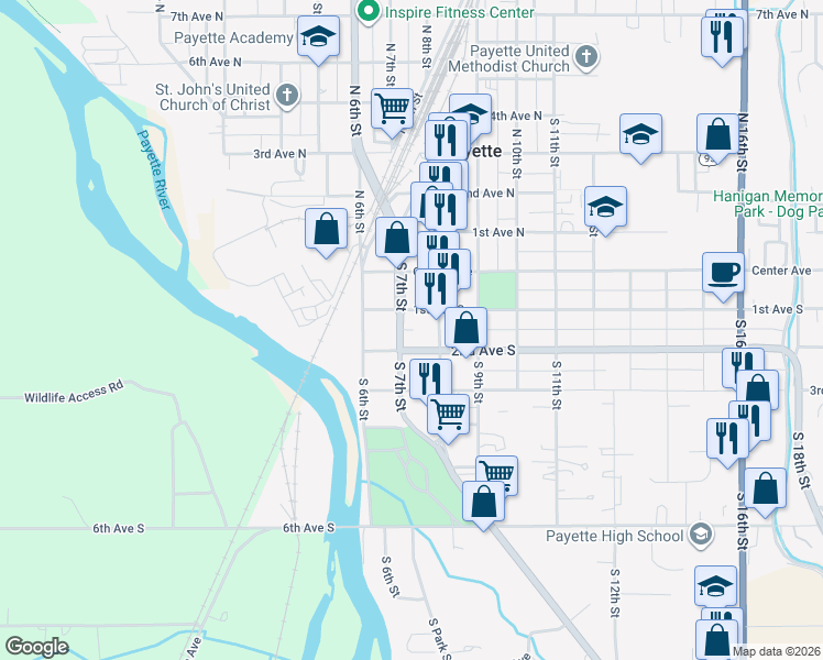 map of restaurants, bars, coffee shops, grocery stores, and more near 155 South 7th Street in Payette