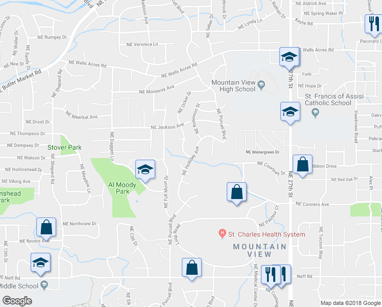 map of restaurants, bars, coffee shops, grocery stores, and more near 2305 Northeast Holliday Avenue in Bend