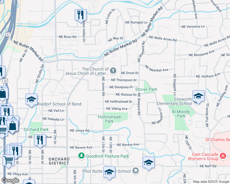 map of restaurants, bars, coffee shops, grocery stores, and more near 1240 Northeast Watson Drive in Bend