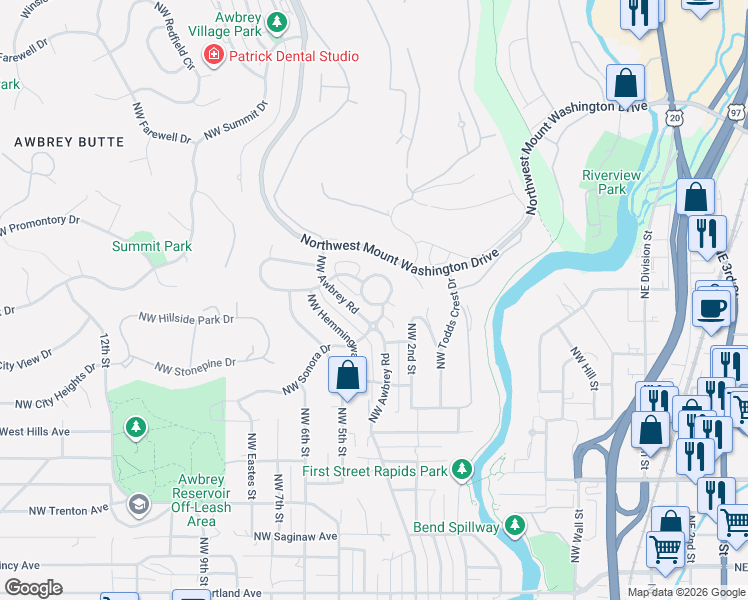 map of restaurants, bars, coffee shops, grocery stores, and more near 2538 North West Awbrey Point Circle in Bend