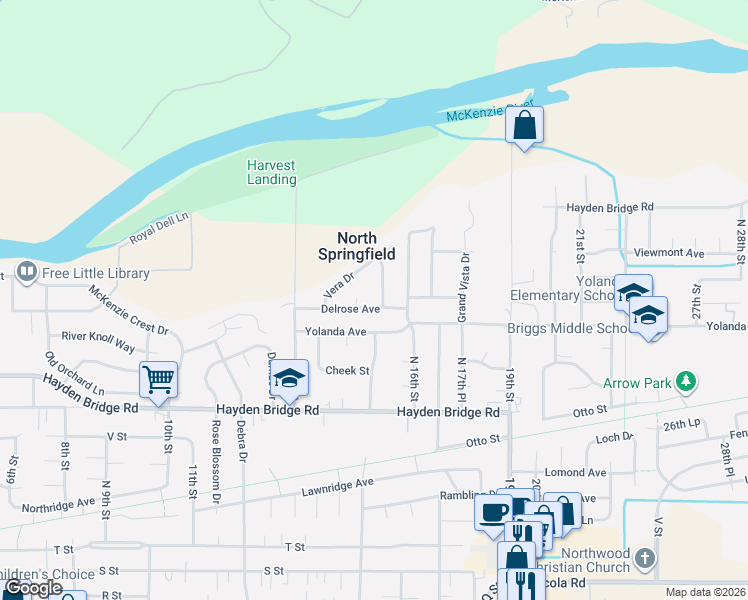 map of restaurants, bars, coffee shops, grocery stores, and more near 1498 Delrose Avenue in Springfield