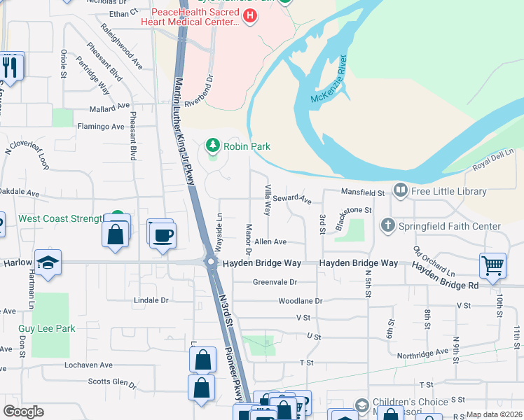 map of restaurants, bars, coffee shops, grocery stores, and more near 2722 Villa Way in Springfield