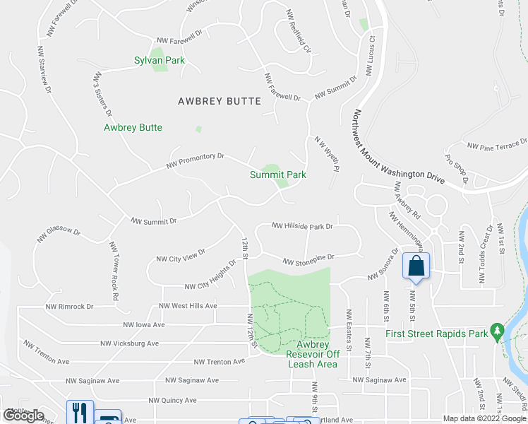 map of restaurants, bars, coffee shops, grocery stores, and more near 1141 Northwest Summit Drive in Bend