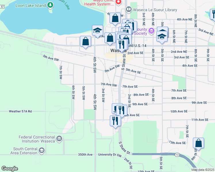 map of restaurants, bars, coffee shops, grocery stores, and more near 207 7th Avenue Southeast in Waseca