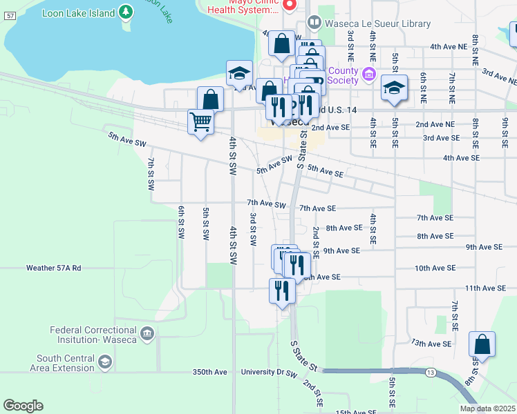 map of restaurants, bars, coffee shops, grocery stores, and more near 207 7th Avenue Southeast in Waseca