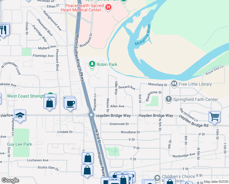 map of restaurants, bars, coffee shops, grocery stores, and more near 2750 Villa Way in Springfield