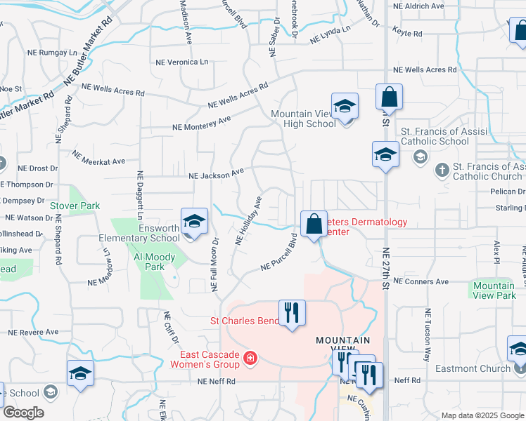 map of restaurants, bars, coffee shops, grocery stores, and more near 2310 Northeast Holliday Avenue in Bend
