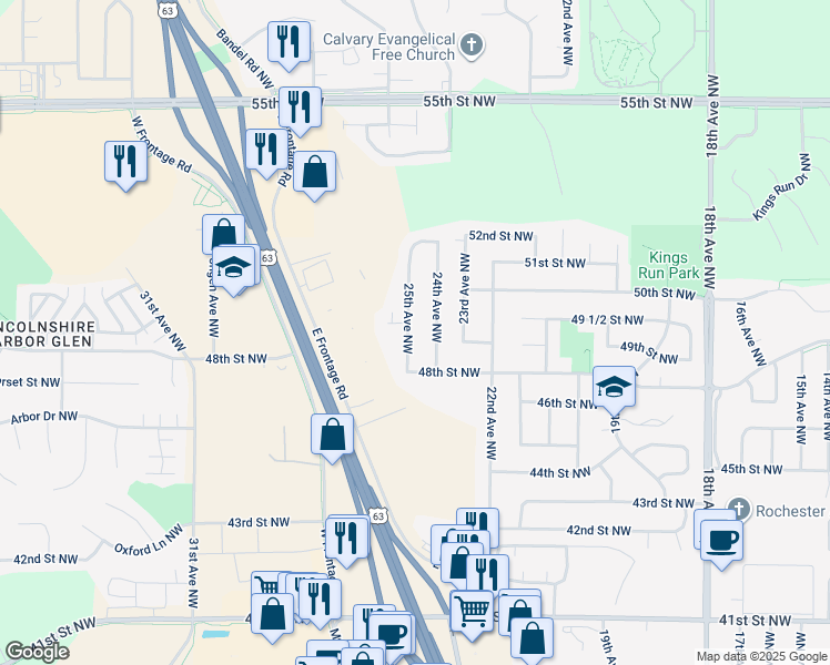 map of restaurants, bars, coffee shops, grocery stores, and more near 4914 25th Avenue Northwest in Rochester