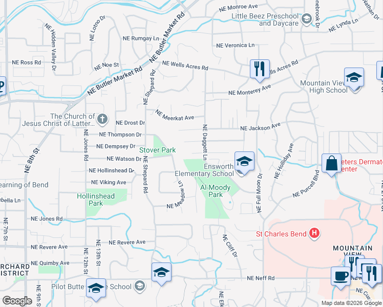 map of restaurants, bars, coffee shops, grocery stores, and more near 1750 Northeast Bobbie Court in Bend