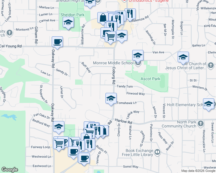 map of restaurants, bars, coffee shops, grocery stores, and more near 2680 Tandy Turn in Eugene