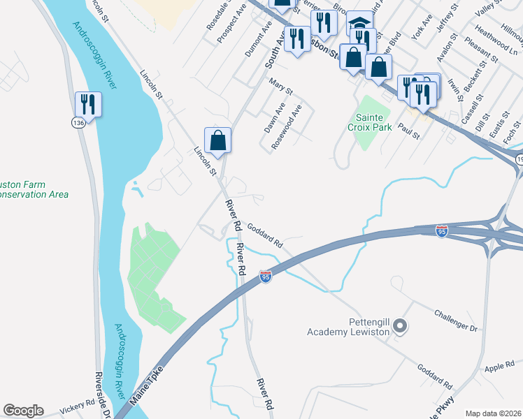 map of restaurants, bars, coffee shops, grocery stores, and more near 44 Goddard Road in Lewiston