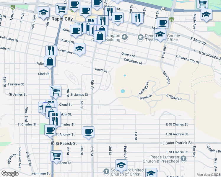 map of restaurants, bars, coffee shops, grocery stores, and more near 1220 Silverleaf Avenue in Rapid City