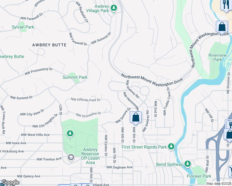map of restaurants, bars, coffee shops, grocery stores, and more near 589 Northwest Greyhawk Avenue in Bend